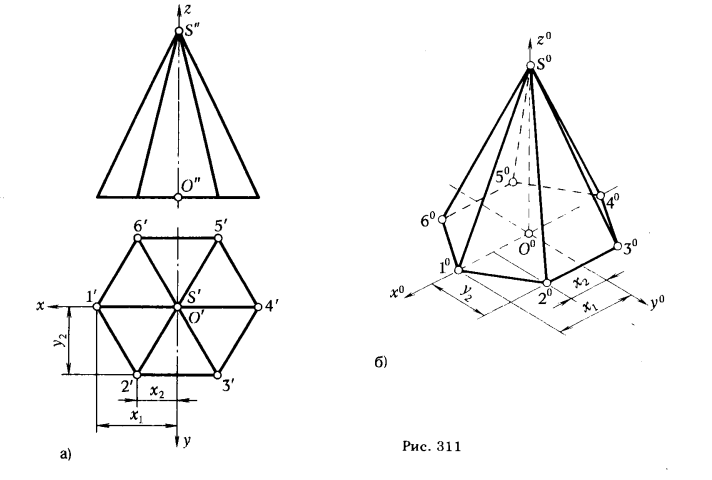 Рис 311.Примеры построения аксонометрических проекций геометрических фигур