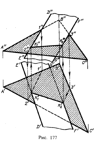 Рис 177.Построение линии пересечения двух плоскостей по точкам пересечения прямых линий плоскостью
