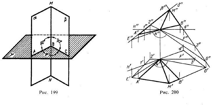 Рис 199-200.Построение проекций угла между прямой и плоскостью и между двумя плоскостями
