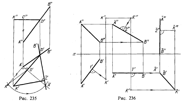 Рис 235-236.Примеры решения задач с применением способов перемены плоскостей проекций и вращения