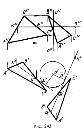 Рис 243.Примеры решения задач с применением способов перемены плоскостей проекций и вращения