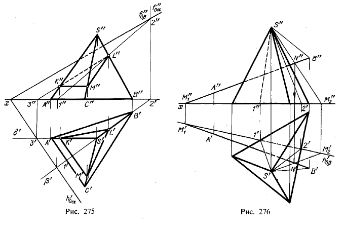 Рис 275-276.Пересечение призм и пирамид плоскостью и прямой линией