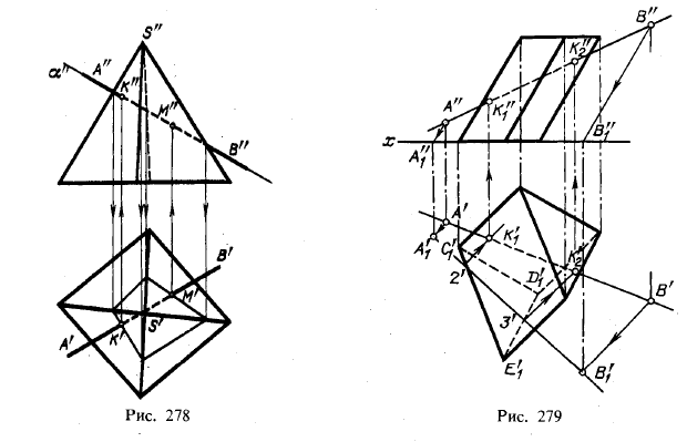 Рис 278-279.Пересечение призм и пирамид плоскостью и прямой линией