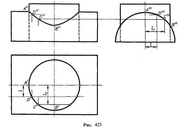 Рис 423.Примеры построения линий пересечения одной поверхности другою